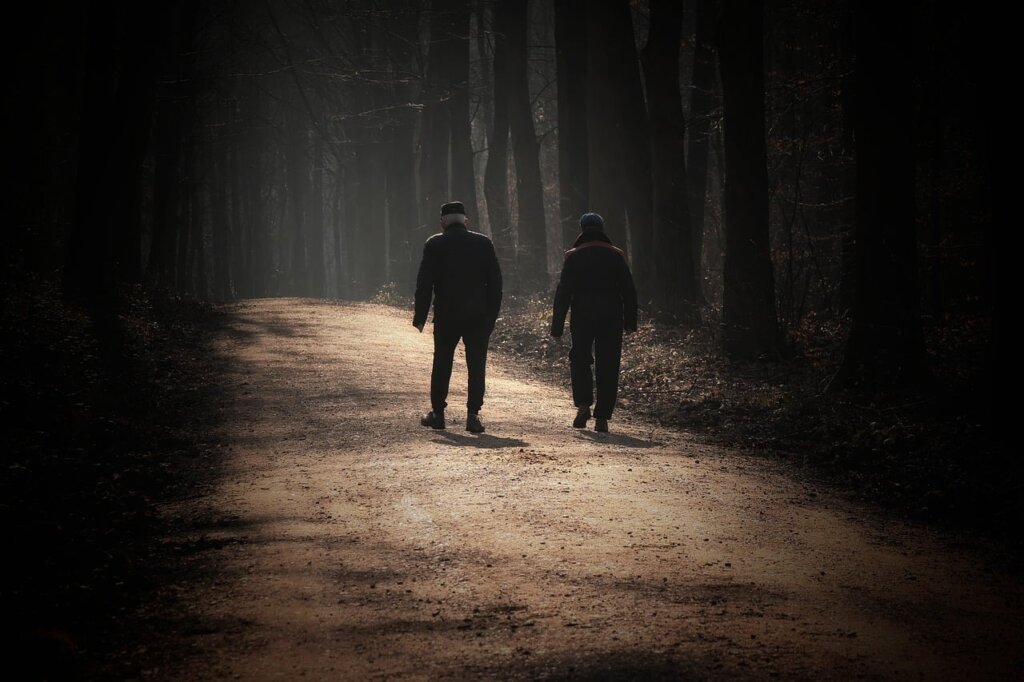 elderly parent enjoying morning walk in a park with sunlight