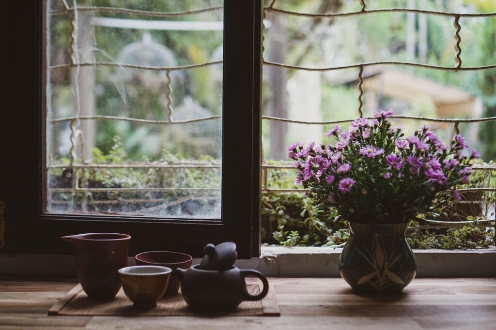 elderly person holding a warm cup of tea with gentle sunlight through window